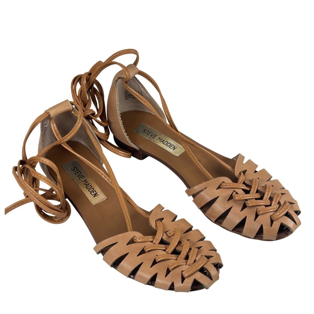 Steve Madden Fisherman Sandals Lace Up Flats Tan Leather Woven Strappy Boho 5.5